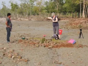 Liz standing by the remains of 300-year old kilns used for salt making surrounded by shards of the pots used for holding the salt