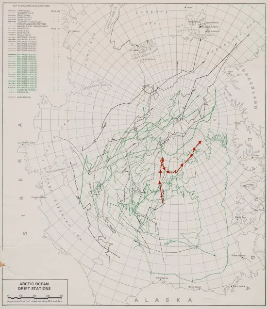 Annotated historic map from the International Geophysical Year (1957-1958) of the Floating Arctic Stations. Red line shows Alpha Station, the US first floating ice research station, representing some of the original 'Arctic drift studies'. (Photo/annotation M. Turrin; map Ken Hunkins) 