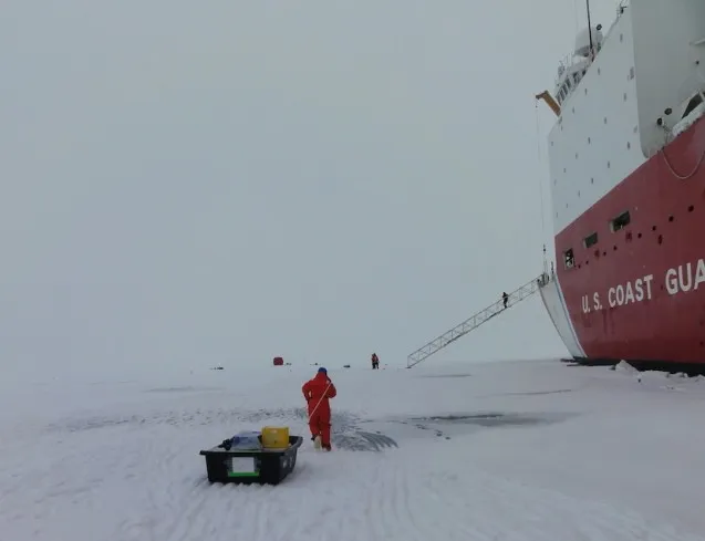 Moving equipment on and off the Healy for sampling requires organization. (photo T. Kenna)