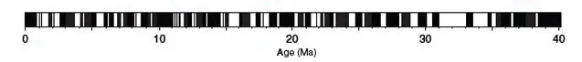 Geomagnetic polarity timescale: Filled and open blocks represent intervals of normal and reverse geomagnetic field polarity over the past 40 million years. (Gee and Kent, 2007)