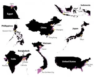 Even in the scenario with the least impact, several megacities will largely become submerged over time. From Clark, et al. 2016