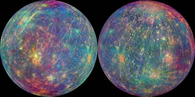 Mercury's rugged surface and spectral variations, mapped using MESSENGER data. Image Credit: NASA/Johns Hopkins University Applied Physics Laboratory/Carnegie Institution of Washington