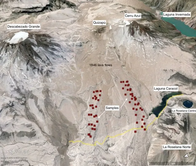 A GoogleEarth map showing the location of lava samples we collected. The yellow line is one of the trails we hiked. 