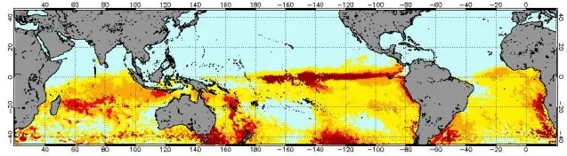 NOAA's <a href="http://coralreefwatch.noaa.gov/satellite/index.php">Coral Reef Watch</a> regularly updates a map of bleaching risk areas. This is the map from March 2, 2016.