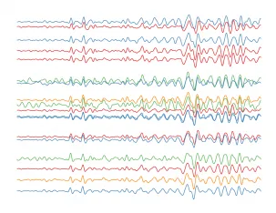 " One Trace, Two Trace, Red Trace, Blue Trace", by DEES graduate student Natalie Accardo. This image depicts seismic traces recorded on seismometers in Malawi and Tanzania from an earthquake on September 13, 2015 that occurred in Southern California.