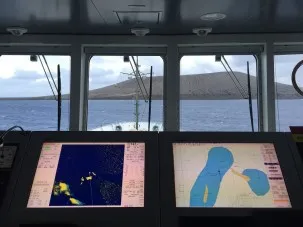 From the bridge of the R/V/ Falkor, looking out at Hunga Tonga Hunga Ha’apai. Photo: Colleen Peters