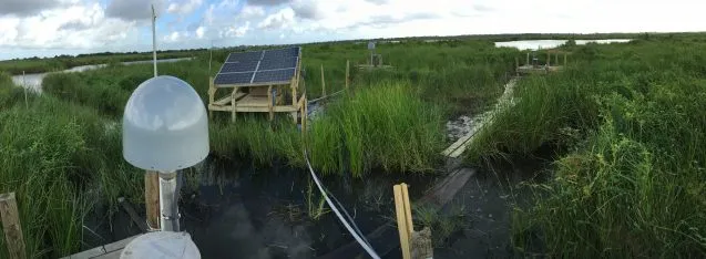 finished site. The two radomes cover GPS antennas, while the third one sits uncovered but attached to the bottom of the well via a long rod. Two of the 3 well structures have working strain meters and in the center is our newly-built solar panel, battery and electronic structure.