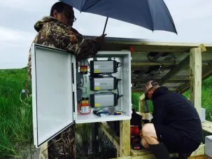 The waterproof box that holds the 3 GPS receivers and other electronics. I protected it with an umbrella during the installation - until the wind destroyed it.