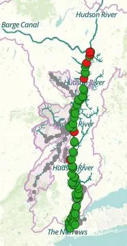 Most of the main stem of the Hudson River tested within limits for safety in August 2016. Map: Riverkeeper