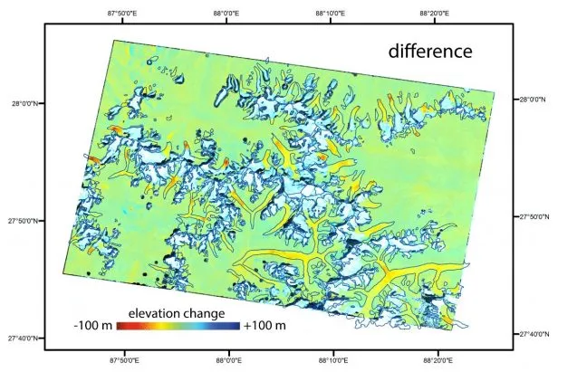 A comparison of images taken in 1974 and 2007 of the same region along the border between Nepal and Sikkim, India, reveal changes in the elevation of the region’s glaciers. Credit: Ali Corley