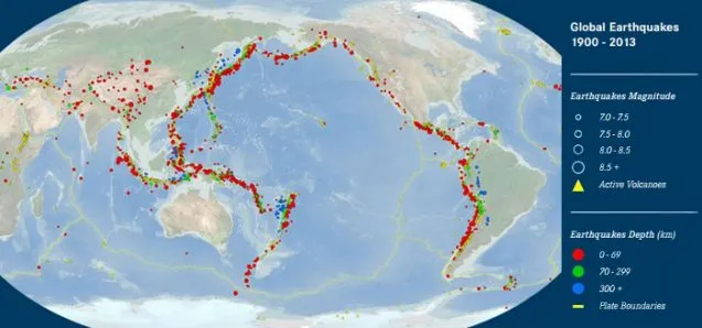This map of large earthquakes outlines some of the most active tectonic plate boundaries. Slow-slip earthquakes create an ideal lab for investigating fault behavior along the shallow portion of subduction zones. Map: USGS