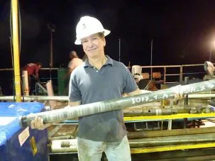 Steve Goldstein, working the night shift during the Dead Sea coring expedition. Photo courtesy of Steve Goldstein