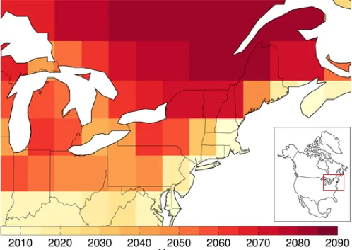 A new study projects the spread of the destructive southern pine beetle through much of the northern United States and southern Canada. Darker colors here represent infestations in successively later decades. (Lesk et al., 2017)