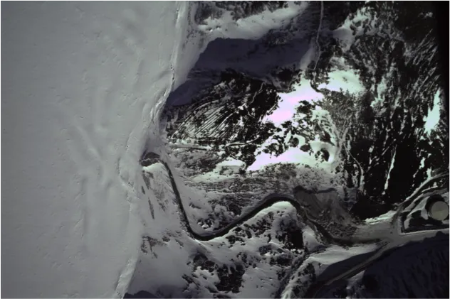 An aerial photo from our onboard camera of the edge between the ice and McMurdo Station. Photo by Susan Howard.