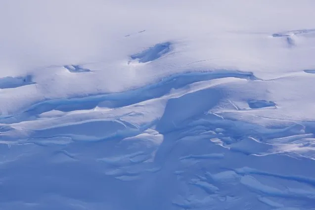 Close up view showing the strain in the ice as it is pulled by changes in flow speed. photo S. Howard