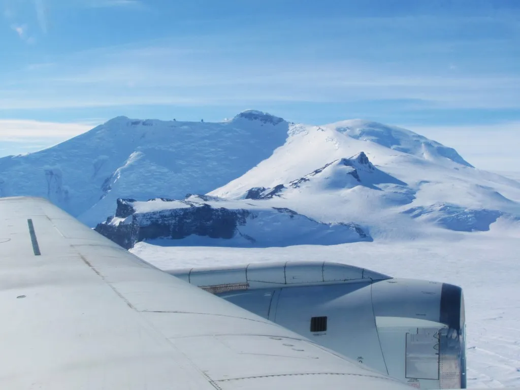 A photo of Mt. Murphy, an 8 million year old shield volcano rising some 1,800 meters above the ice sheet.