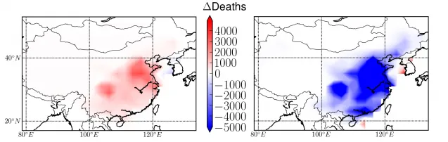 map of mortality in china under two different emissions scenarios