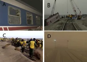figure showing broken windows, dertailed trains