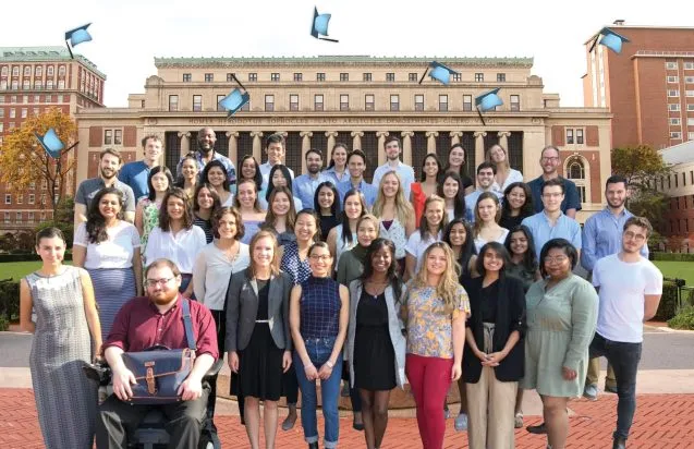 students with columbia backdrop