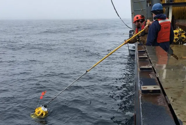 people on ship using long stick to pull a device out of the water