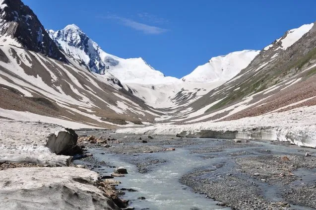 melting mountaintop glaciers draining into a stream