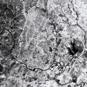Satellite view of Austin, Texas, covered in snow