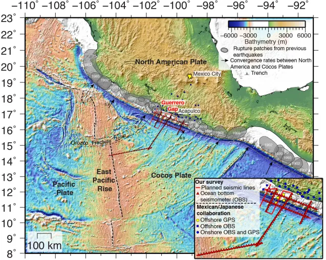 Map of our survey plan in and around the Guerrero gap offshore the Pacific coast of Mexico near Acapulco. 